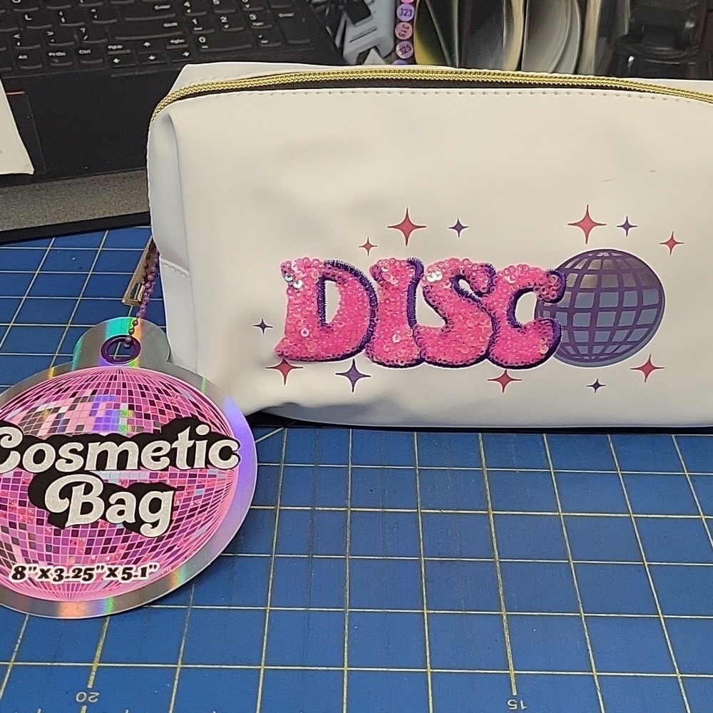 Sequin Disco Love Cosmetic Bag White Pleather & Gold Zipper 8x3.25x5.1 New